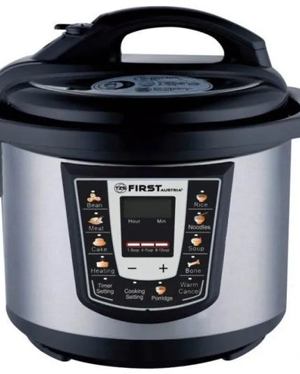 Мултикукър под налягане First Austria FA-5130, 1000W, 6 литра, 12 програми, Таймер, Отложен старт, Незалепващ съд, Инокс