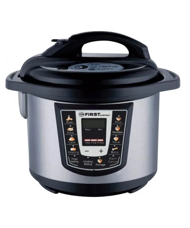Мултикукър под налягане First Austria FA-5130, 1000W, 6 литра, 12 програми, Таймер, Отложен старт, Незалепващ съд, Инокс