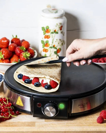 Уред за палачинки Adler AD 3058, 1600W, 30 см, Включени прибори, Черен/инокс