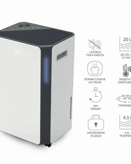 Влагоабсорбатор Muhler MHD-2045DHI, 330W, 20L24h, 4.5L резервоар, Трицветна светлинна индикация, Бял