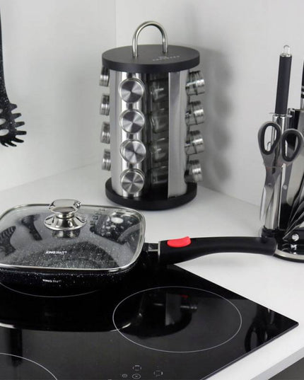 Грил тиган с капак и махаща се дръжка Kinghoff KH 1511, Мраморно покритие, Индукция, Черен