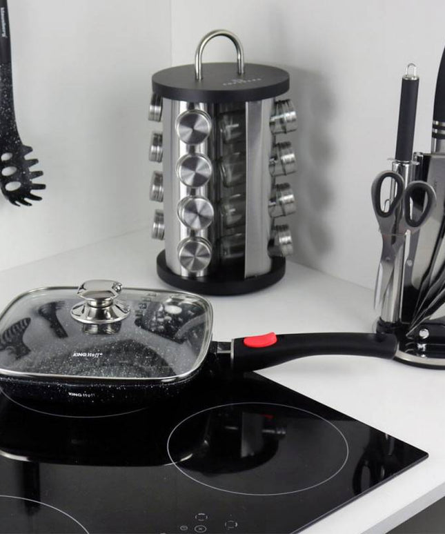 Грил тиган с капак и махаща се дръжка Kinghoff KH 1511, Мраморно покритие, Индукция, Черен