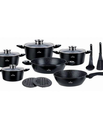 Готварски комплект от 15 части Zilner ZL-8570, Мраморно покритие, Лят алуминий, Индукция, Черен