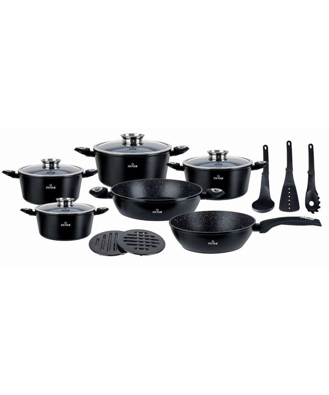 Готварски комплект от 15 части Zilner ZL-8570, Мраморно покритие, Лят алуминий, Индукция, Черен