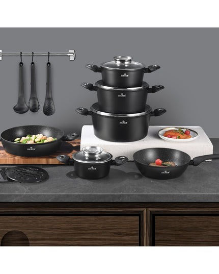 Готварски комплект от 15 части Zilner ZL-8570, Мраморно покритие, Лят алуминий, Индукция, Черен