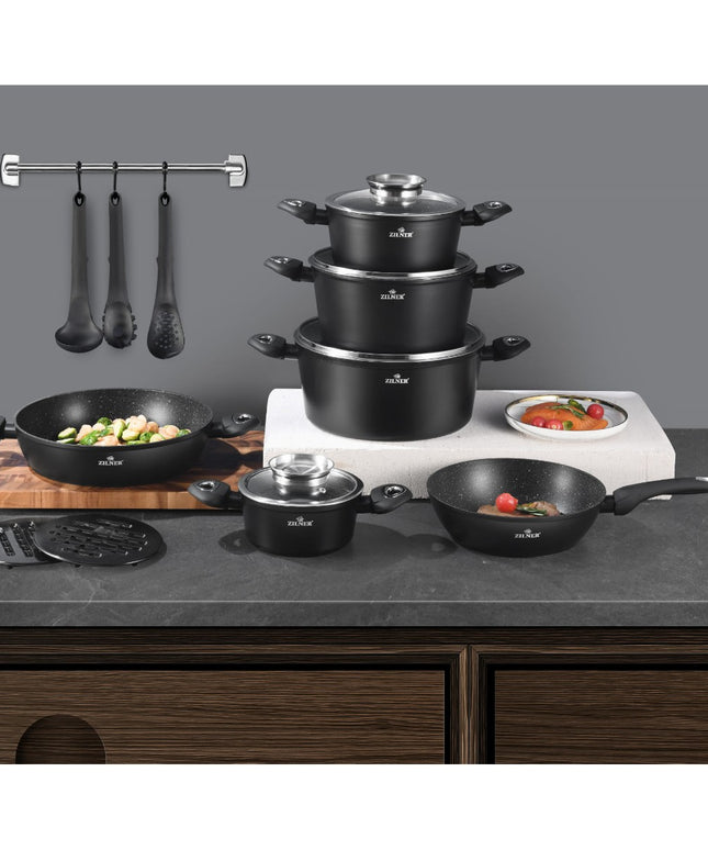 Готварски комплект от 15 части Zilner ZL-8570, Мраморно покритие, Лят алуминий, Индукция, Черен