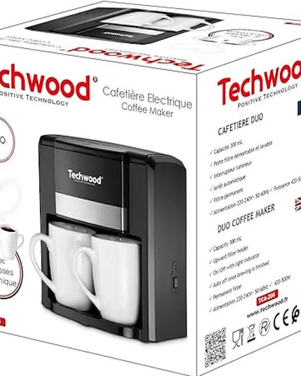Кафемашина с две чаши Techwood TCA-206, 500W, Перманентен филтър, Черен