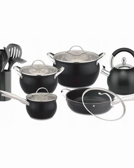 Комплект съдове и аксесоари HausRoland HR126-1, 16 части, Чайник, Прибори, Индукция, Инокс/черен мат