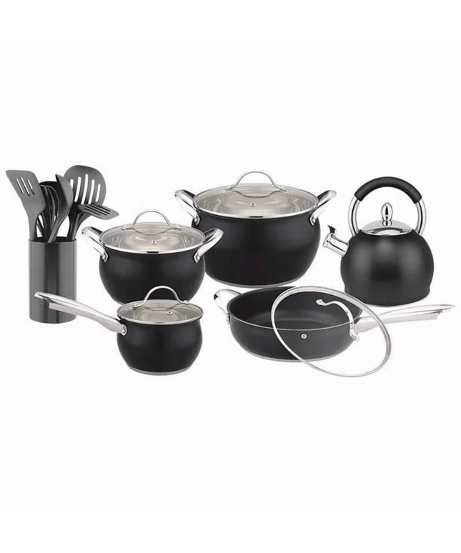 Комплект съдове и аксесоари HausRoland HR126-1, 16 части, Чайник, Прибори, Индукция, Инокс/черен мат