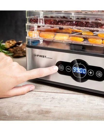 Уред за сушене на плодове First Austria FA-5126-5, 240W, 5 нива, Без BPA, Термостат, Таймер до 99ч, 35 до 70C, ИноксЧерен