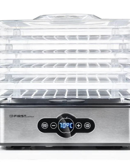 Уред за сушене на плодове First Austria FA-5126-5, 240W, 5 нива, Без BPA, Термостат, Таймер до 99ч, 35 до 70C, ИноксЧерен