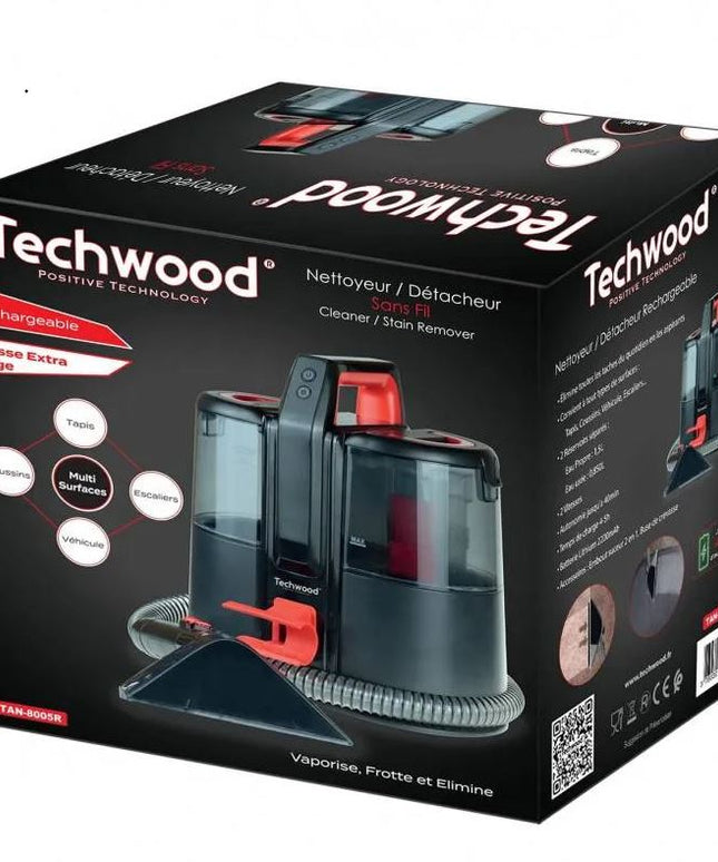 Прахосмукачка за текстил Techwood TAN-8005R, 185W, Li-Ion 220 mAh, Безжична употреба, Резервоар за чиста и отпадъчна вода, 40 мин автономия, 2 скорости, Черен/червен