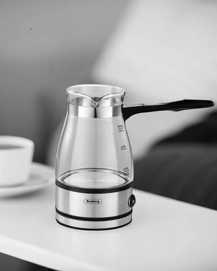 Джезве електрическо Rosberg R51165C, Стъклено, 600W, 500 ml, Защита, Инокс/безцветен