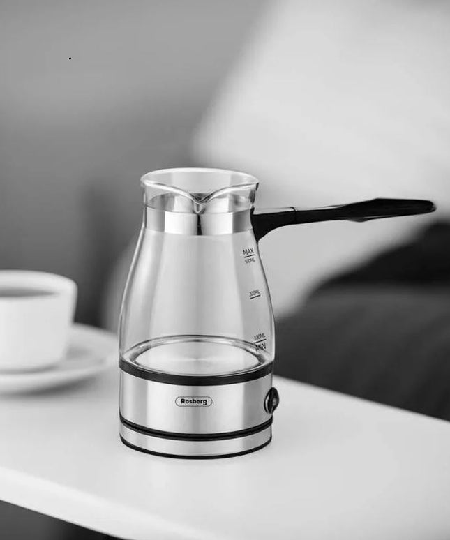 Джезве електрическо Rosberg R51165C, Стъклено, 600W, 500 ml, Защита, Инокс/безцветен