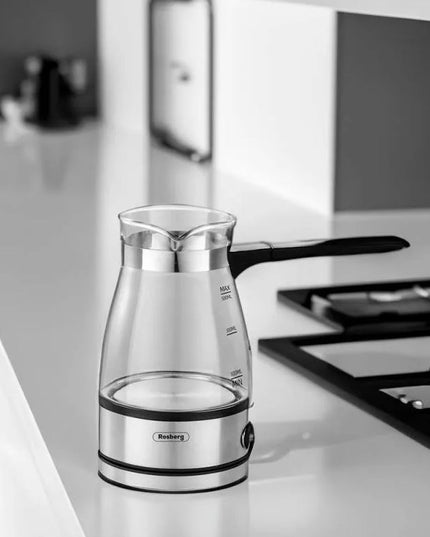 Джезве електрическо Rosberg R51165C, Стъклено, 600W, 500 ml, Защита, Инокс/безцветен