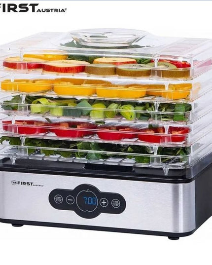 Уред за сушене на плодове First Austria FA-5126-5, 240W, 5 нива, Без BPA, Термостат, Таймер до 99ч, 35 до 70C, ИноксЧерен