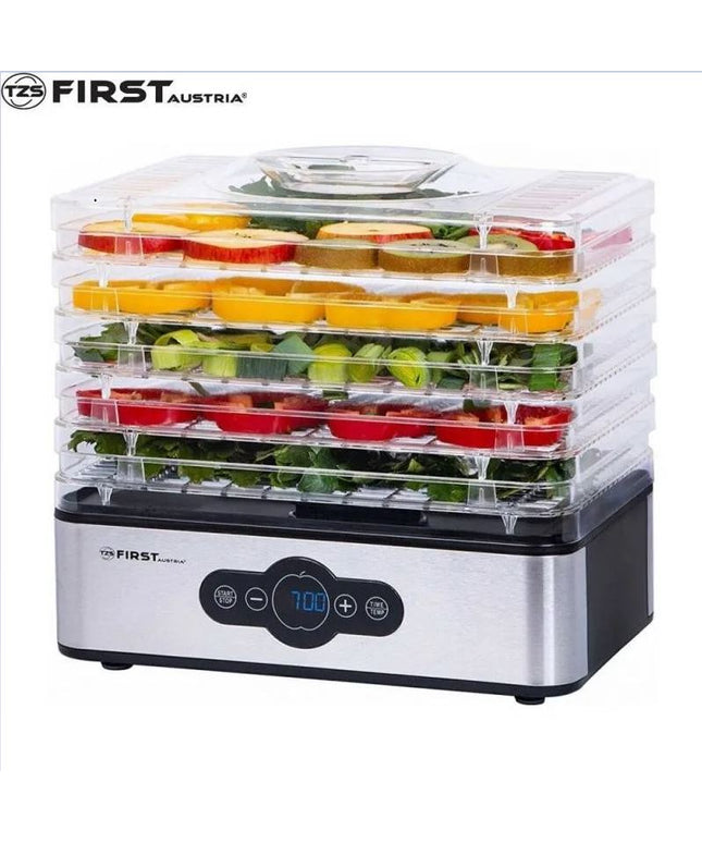 Уред за сушене на плодове First Austria FA-5126-5, 240W, 5 нива, Без BPA, Термостат, Таймер до 99ч, 35 до 70C, ИноксЧерен