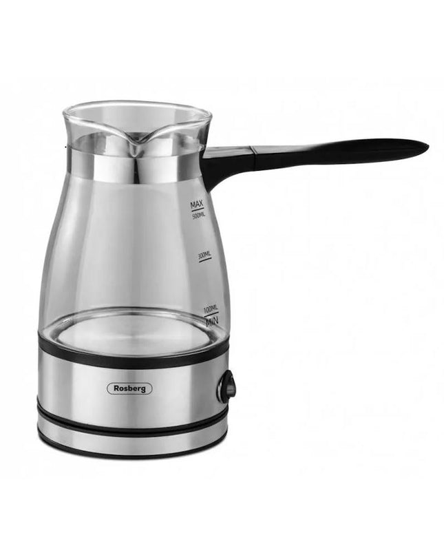 Джезве електрическо Rosberg R51165C, Стъклено, 600W, 500 ml, Защита, Инокс/безцветен