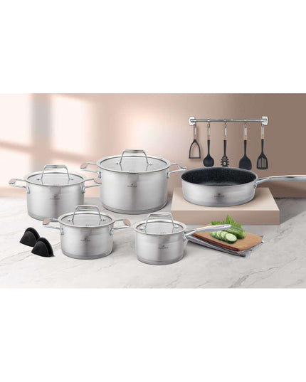 Готварски комплект от 16 части Zilner ZT-33252, Многослойно дъно, Стъклени капаци, Инокс