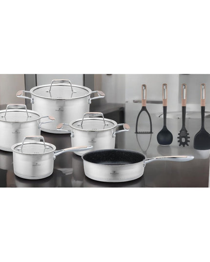 Готварски комплект от 16 части Zilner ZT-33252, Многослойно дъно, Стъклени капаци, Инокс