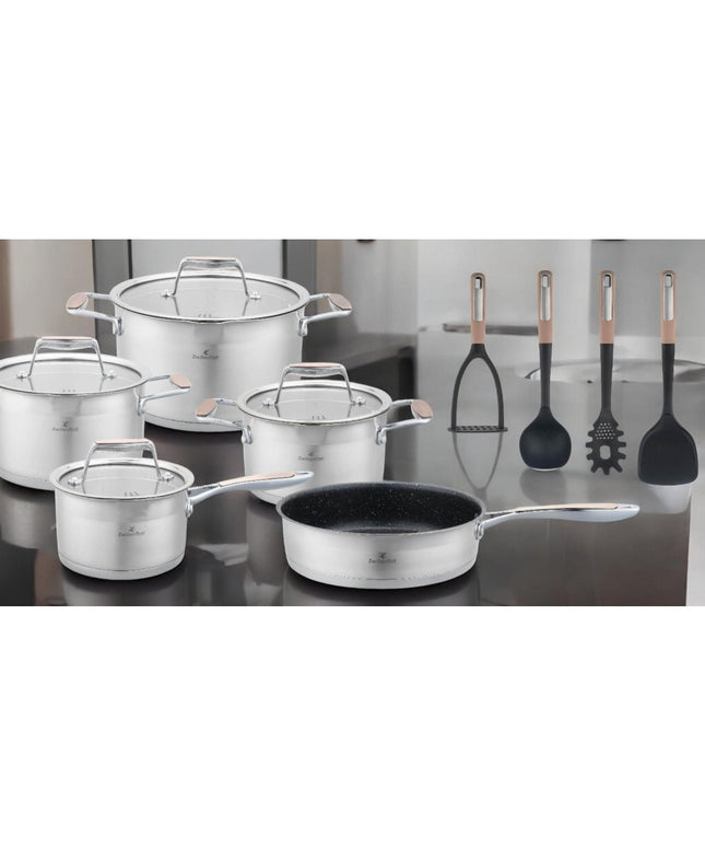 Готварски комплект от 16 части Zilner ZT-33252, Многослойно дъно, Стъклени капаци, Инокс