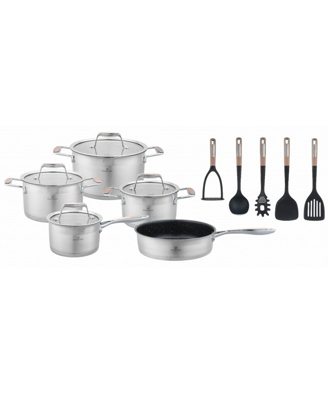 Готварски комплект от 16 части Zilner ZT-33252, Многослойно дъно, Стъклени капаци, Инокс