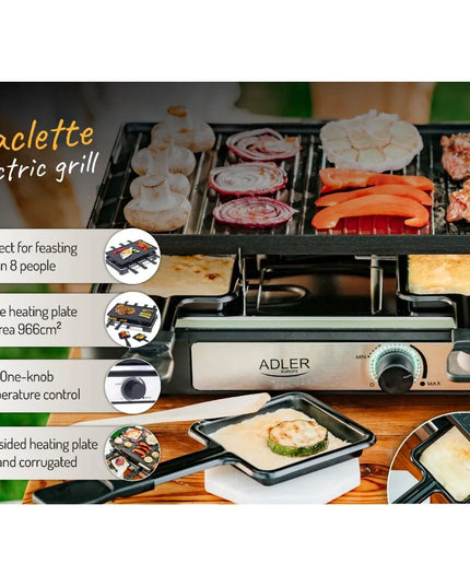 Електрическа скара Adler AD 6616, 1400W, Раклет грил, Незалепващо покритие, ЧеренИнокс