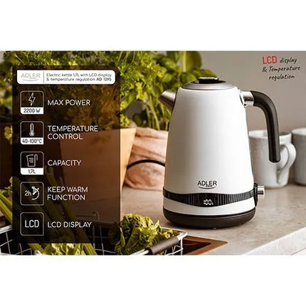 Електрическа кана Adler AD-1295w, 1.7л, 2200W, LCD дисплей, Неръждаема стомана, Филтър за утайки, Регулиране на температурата, Бял